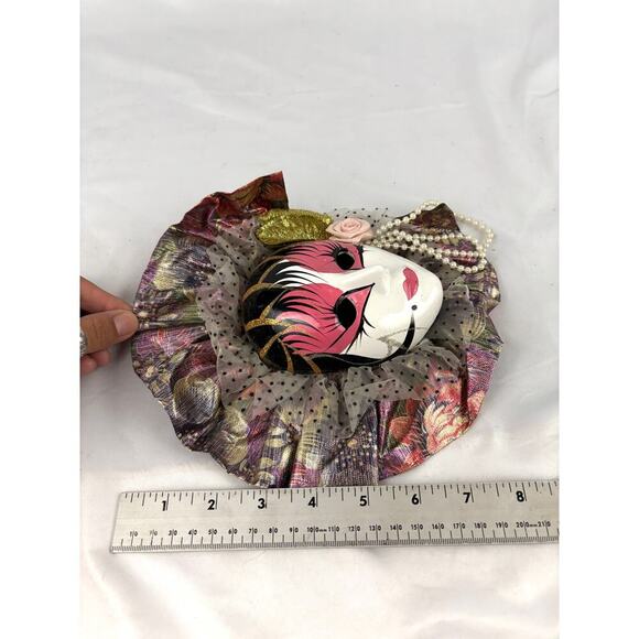 Vintage 1980s Mardi Gras Wall Mask 8" Pink Style Wall Hanging Decor Fabric - Picture 3 of 14